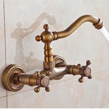 Imagem de Torneira giratória para pia de cozinha com lavatório antigo estilo bronze retrô torneira para lavatório com alça dupla montada na parede, SLT125ZS