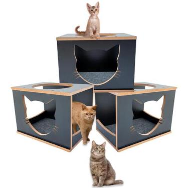 Imagem de Kit 3pçs de Nicho de Parede Frente Cara de Gato LAMINADO - BT WOOD, PR