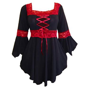 Imagem de Dare to Wear Espartilho renascentista: blusa feminina gótica vitoriana boho plus size festival camponês feira cosplay blusa de renda, preto/vermelho 2x