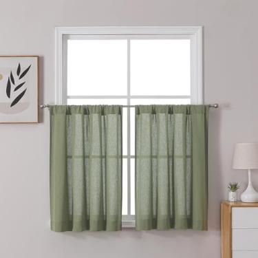 Imagem de OWENIE Cortinas Colin Short Sage Green Cafe Tiers 91 cm de comprimento, 2 peças, painéis modernos de filtro de luz semitransparentes texturizados de linho para porão, banheiro, janelas pequenas, 2