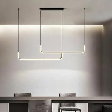 Imagem de Lustre Pendente Moderno LED Linear Duplo, Design Minimalista, Preto, Sala, Ilha, Iluminação para Mesa de Jantar, 90cm, Branco Frio 6500K