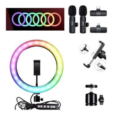 Imagem de Kit Profissional Ring Light RGB c/Tripé microfone Lapela Vlog YouTube Influencer Ao Vivo Maquiagem (Lightning (Iphone))