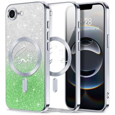 Imagem de Hython Capa para iPhone 16e com glitter, compatível com MagSafe Love Heart Magnetic Clear Phone Cases para mulheres e meninas, proteção total da câmera, revestimento brilhante à prova de choque, prata