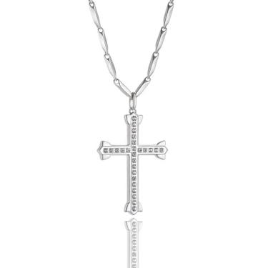 Imagem de Colar de cruz de prata para homens e mulheres, corrente de aço inoxidável e pingente de crucifixo cristão católico Jesus religioso joia presente, Large, Latão, Sem Pedra Preciosa