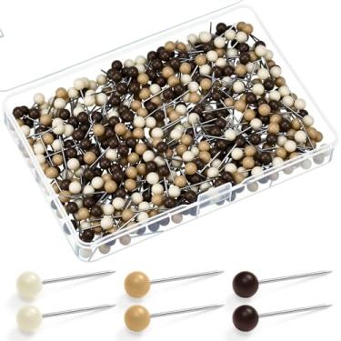 Imagem de WILLBOND Pacote com 500 alfinetes de mapa tachinhas pequenas de cabeça redonda tachas de polegar para fotos de viagem, quadro de avisos, parede, artesanato, casa, escola, escritório (bege, cáqui