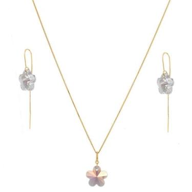 Imagem de Conjunto Corrente Colar 50cm Flor Cristal Pingente Brinco Ouro 18k - D