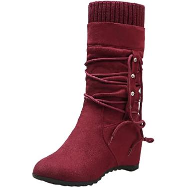 Imagem de Botas femininas de camurça sintética larga até o joelho cano médio cano alto moda clássica botas de inverno sem cadarço, Vermelho, 9.5