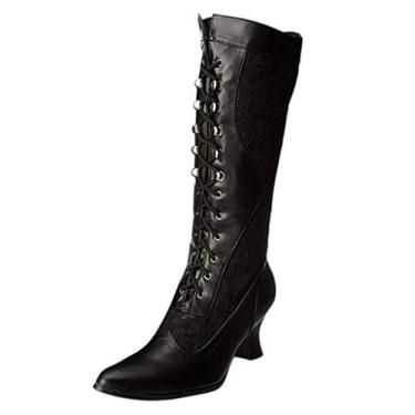 Imagem de Bigfanshu Botas femininas cano médio com zíper lateral e salto alto de renda branca e bico fino, Preto, 6