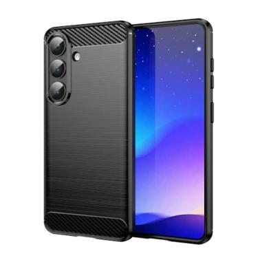 Imagem de Capa para Samsung Galaxy S26+ 5G, capa de telefone ultrafina com capa protetora de borracha TPU de fibra de carbono com absorção de choque, preta