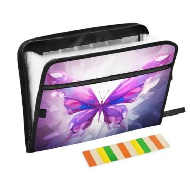 Imagem de Wassud Borboleta abstrata roxa com 13 bolsos, organizador de arquivos sanfonados, pastas expansíveis com abas e adesivos, organizador de pastas de documentos de recibo de papel tamanho carta A4 para