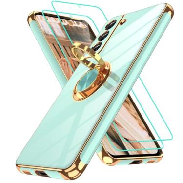 Imagem de Gritup Capa para Samsung Galaxy S21 FE | 2 peças protetoras de tela | Suporte magnético de rotação de 360°, capa protetora à prova de choque de TPU macio com borda dourada banhada a ouro para S21 FE