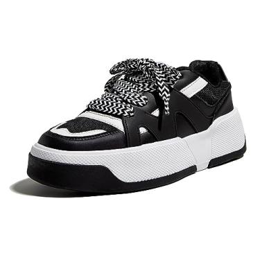Imagem de LUCKY STEP Tênis feminino moderno plataforma com cadarço casual couro sintético confortável sola grossa tênis caminhada, Preto/branco, 38