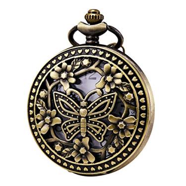 Imagem de MORFONG Relógio de bolso masculino feminino de quartzo, Alice no País das Maravilhas, caixa de bronze, vintage, com caixa de presente, Borboleta, Relógio de quartzo