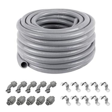 Imagem de Z Kit de conduíte elétrico flexível de 1,9 cm de diâmetro x 1,5 m - PVC não metálico listado pela UL com 5 conexões retas, 5 angulares e 10 tiras, resistente a UV para HVAC/externo/enterro