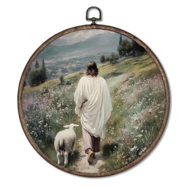 Imagem de Giosve Pôster emoldurado em tela redonda de arte de parede Christian Jesus Leaves the 99 Sheep , Farmhouse, rústico, flores silvestres, Jesus e Cordeiro, para decoração de igreja, quarto, sala de