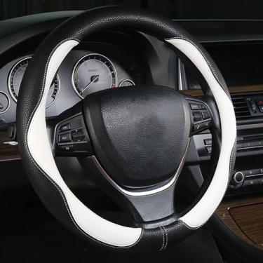 Imagem de Nova capa de volante de carro esportivo para homens e mulheres, ajuste universal em forma de linha 35.6 cm/38.1 cm/40.6 cm PU capas de volante antiderrapantes para caminhões, caminhonete, SUV (preto e