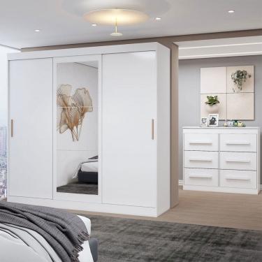 Imagem de Guarda-Roupa Casal Europa 3 Portas 2 Gavetas e Cômoda 6 Gavetas 100% Mdf com Espelho Branco - Panorama Móveis