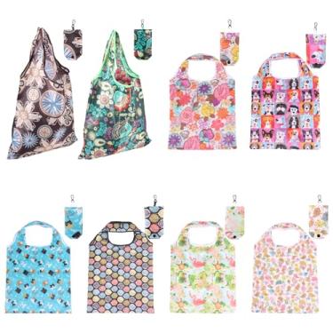 Imagem de 8 peças reutilizáveis de mercearia, sacola de compras dobrável cabe no bolso, lavável na máquina, poliéster para compras diárias de supermercado