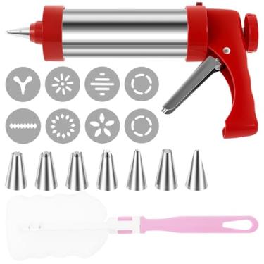 Imagem de Pistola de prensa de biscoitos, conjunto de prensa de biscoito de aço inoxidável para assar com 8 discos de prensa de biscoito e 7 pontas de tubulação para decoração de bolo, máquina de fazer churro