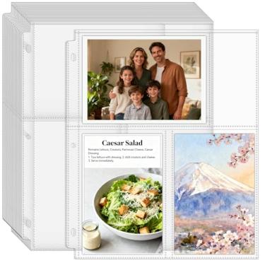 Imagem de VOKOY Pacote com 50 capas transparentes de 10 x 15 cm para fichário de 3 anéis, protetores de lençol com 3 bolsos de dupla face, álbum de fotos de arquivo, refil de cartão postal, organizador de