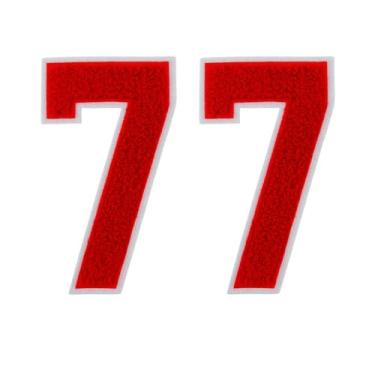 Imagem de 2 peças de adesivos de número de chenille vermelho de 12,7 cm com borda branca, apliques de ferro para roupas, jaquetas, mochilas, adesivos de número estilo universitário par com patch de letras