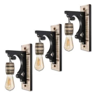 Imagem de Kit 3 Luminárias de Parede Arandela Colonial Barril em Madeira Maciça 