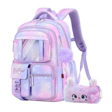 Imagem de Mochila escolar infantil kistou céu estrelado com estojo, oxford impermeável, grande capacidade, roxa