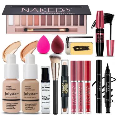 Imagem de Kit de Maquiagem Completo Tudo em Um Geyomi, 12 Cores Sombra Matte, Base Nude Bege, Primer, 3 Batons Líquidos, Contorno, Sabão Sobrancelhas