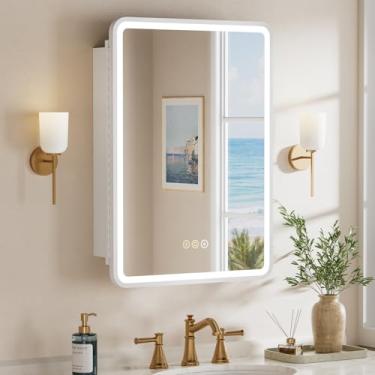 Imagem de Armário de remédios de 50 x 71 cm com espelho, armário de remédios embutido ou montado na superfície com luzes LED, antiembaçamento, função de memória, prateleira ajustável, luz regulável, listado ETL