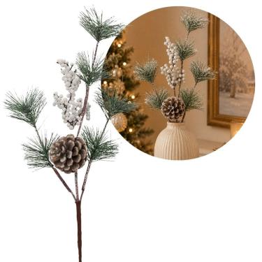 Imagem de Galho Natalino Folhagens com Pinha e Berries Branco Nevado 46cm Decorativo - Magizi