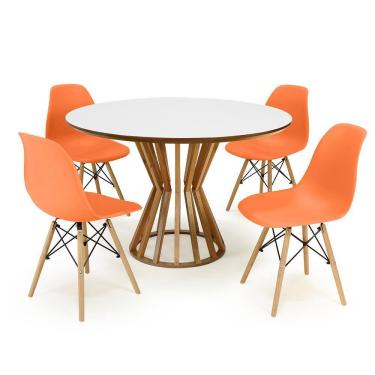 Imagem de Conjunto Mesa de Jantar Redonda Cecília Amadeirada Branca 120cm com 4 Cadeiras Eames Eiffel - Laranja