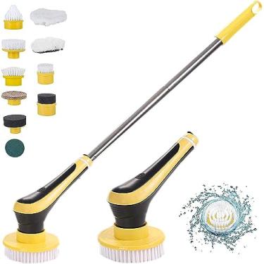 Imagem de Escova de limpeza elétrica multiuso sem fio escova de limpeza casa banheiro piscina escova de limpeza rotativa chão vidro limpar haste telescópica amarela