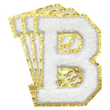 Imagem de 3 Pçs Remendos de Chenille Letras Douradas Glitter Ferro em Remendos de Letras Varsity Remendos Bordado de chenille Remendos Costurados para Roupas Chapéu Bolsas Jaquetas Camisa (Ouro, B)
