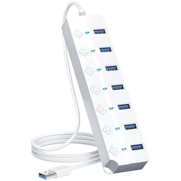 Imagem de ONFINIO Hub USB 3.0, divisor de hub USB de 7 portas com interruptores e luzes individuais, cabo de 1 m de comprimento compatível com MacBook, laptop, Surface Pro, PS4, PC, pen drive, HDD móvel, branco