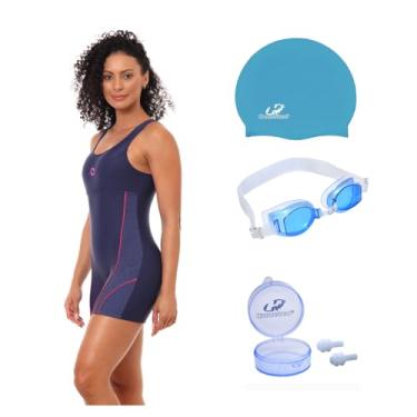 Imagem de Kit Macaquinho Natação Hidroginástica com Touca Óculos UV E Protetor (Marinho/Pink - Óculos Azul (Lente Azul), P)