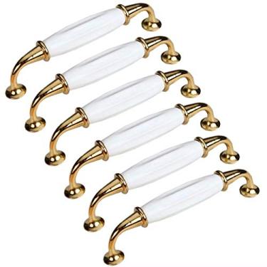 Imagem de 6 maçanetas de porta estilo pastoral de cerâmica puxador de gaveta puxador de móveis guarda-roupa decoração de casa (distância do orifício dourado 128 mm)