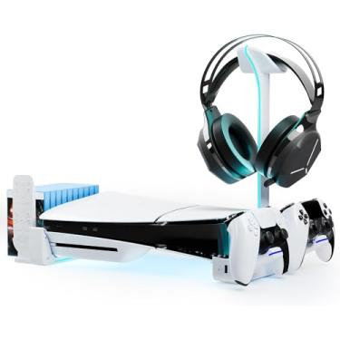 Imagem de Suporte horizontal para disco PS5 Slim e console digital com carregador de controlador duplo e 7 luzes RGB, suporte para fone de ouvido, 10 slots para cartão de jogo, 2 portas USB. (Branco)