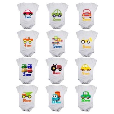 Imagem de Kit 12 Body Bebê Calupa Mesversario Manga Curta Carrinhos 1 A 12 Meses Masculino-Masculino