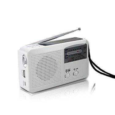 Imagem de Rádio de emergência com energia solar e manivela autoalimentada, bateria USB recarregável, rádio FM/AM, lanterna LED, carregador de celular (branco)
