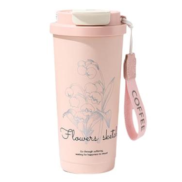 Imagem de Xícara de café isolada de aço inoxidável 316 de grande capacidade de 500 ml com tampa de canudo – selada a vácuo, à prova de vazamento, portátil com alça, elegante padrão floral 3D (rosa)