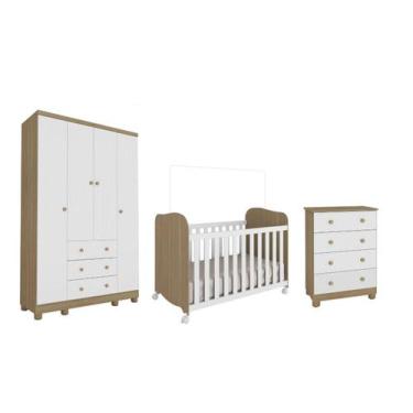 Imagem de Quarto Completo Bebê Moveis Peroba Junior 04 pts Uli MDF, Branco Carva
