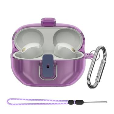 Imagem de POZCIS Capa para Sony WF-1000XM5, capa protetora de TPU transparente e macia, compatível apenas com Sony WF-1000XM5, capa de fones de ouvido com mosquetão e acessórios de cordão (roxo claro)