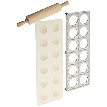 Imagem de Conjunto de 3 peças Norpro de máquina de ravioli e prensa com rolo, grande, branco e prata