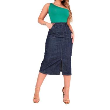 Imagem de Saia Lápis Midi Jeans Com Fenda Na Frente Moda Modesta - 190378 - Meit