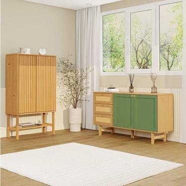 Imagem de Kit Buffet 2 Portas Laca 3 Gavetas Rattan com Cristaleira Porta Ripada Magna Cabecasa Madeiramadeira Mel/Verde
