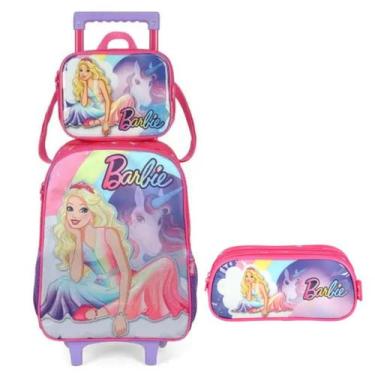 Imagem de Kit Mochila Rodinha Lancheira Barbie Unicórnio Escolar Rosa Estojo Lux