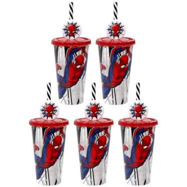 Imagem de 5 Copos Canudo Spider Aranha 500ml para Infantil Lembrancinha Sacola S
