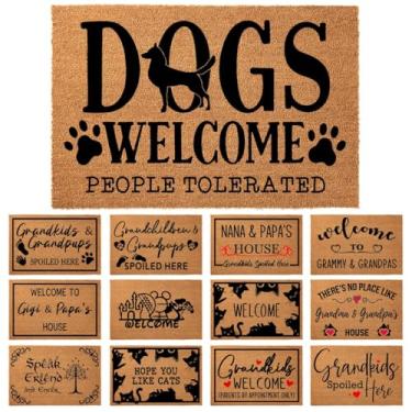 Imagem de JiXianJu Capacho de coco Cães Welcome People Tolerated 59,9 x 39,9 cm rústico exterior resistente à água fibra de coco grossa com revestimento de PVC