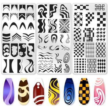 Imagem de beinkmake 3 peças de placa de estampagem de unhas xadrez de borda francesa, modelos de estampagem de unhas florais com ponta de linha francesa, placas de carimbo de arte de aço inoxidável, ferramentas