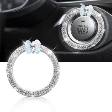 Imagem de 3leavtrees Tampa do botão de partida do motor do carro - Blue Love Butterfly Diamond Interior Cristal Push Start Stop Button Ring Sparkly Engine Ignition Cap Strass Emblema Decoração Universal para